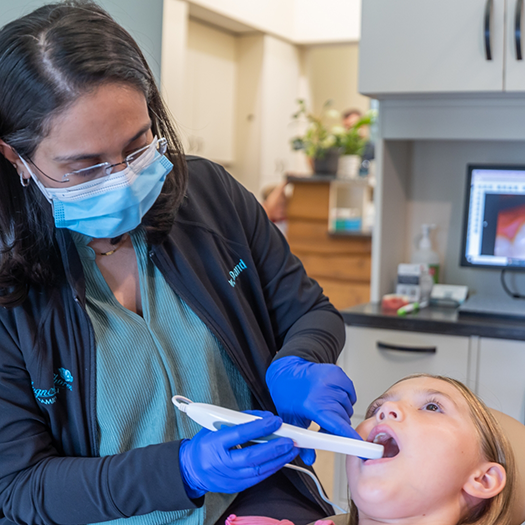 Dentist using intraoral camera to capture images of smile