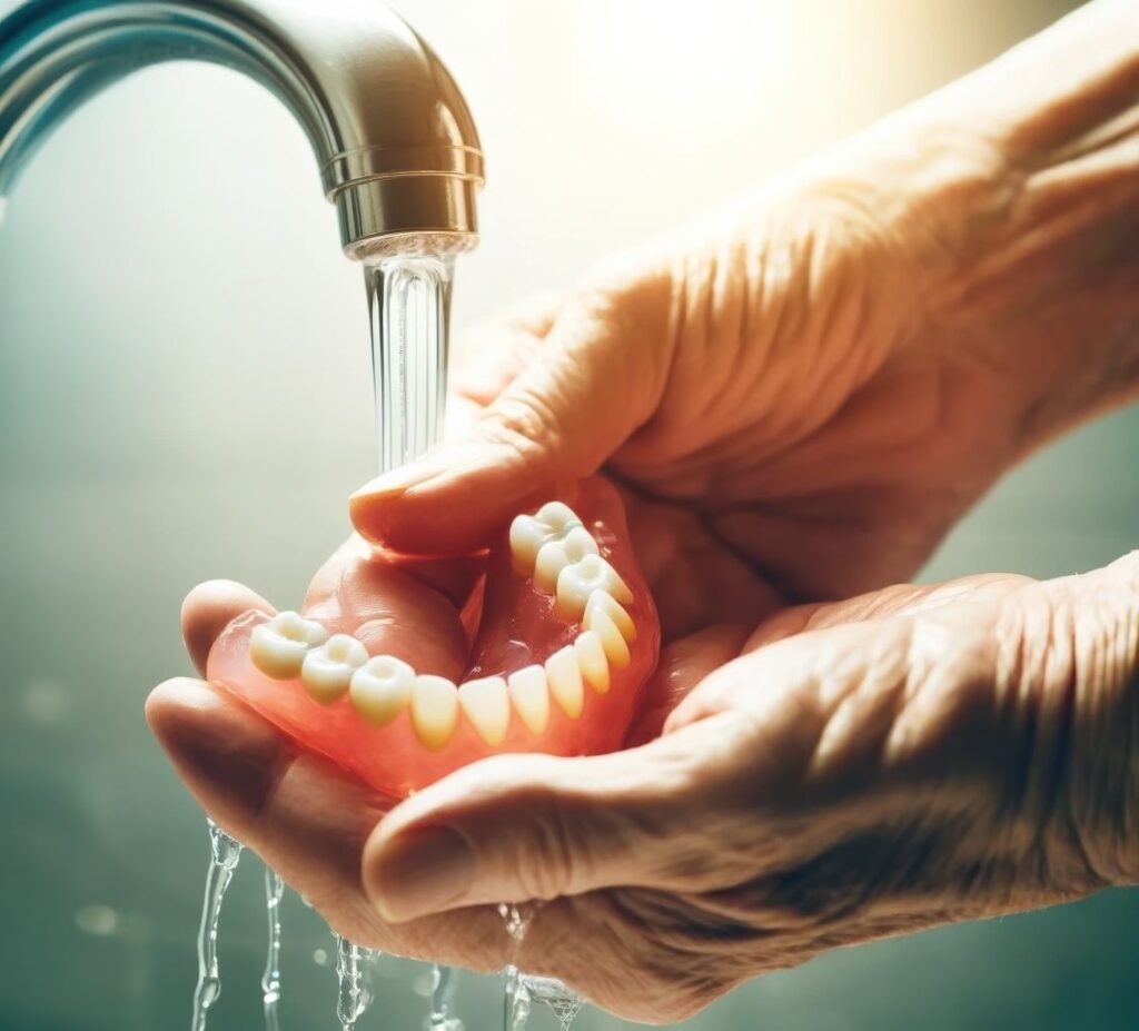 Hands holding a full set of dentures under running water with sunshine